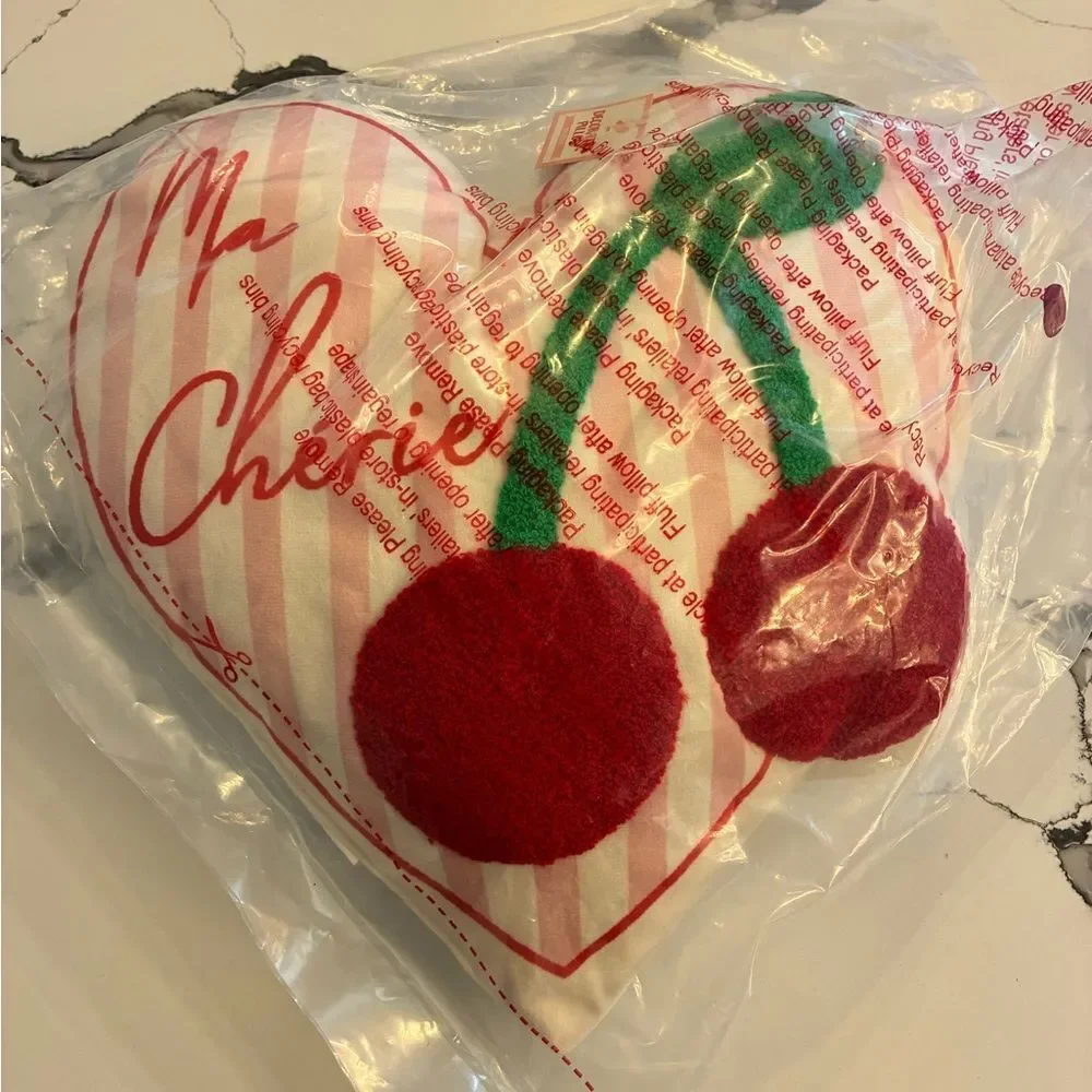 Heart Pillow with Red and Green Cherries